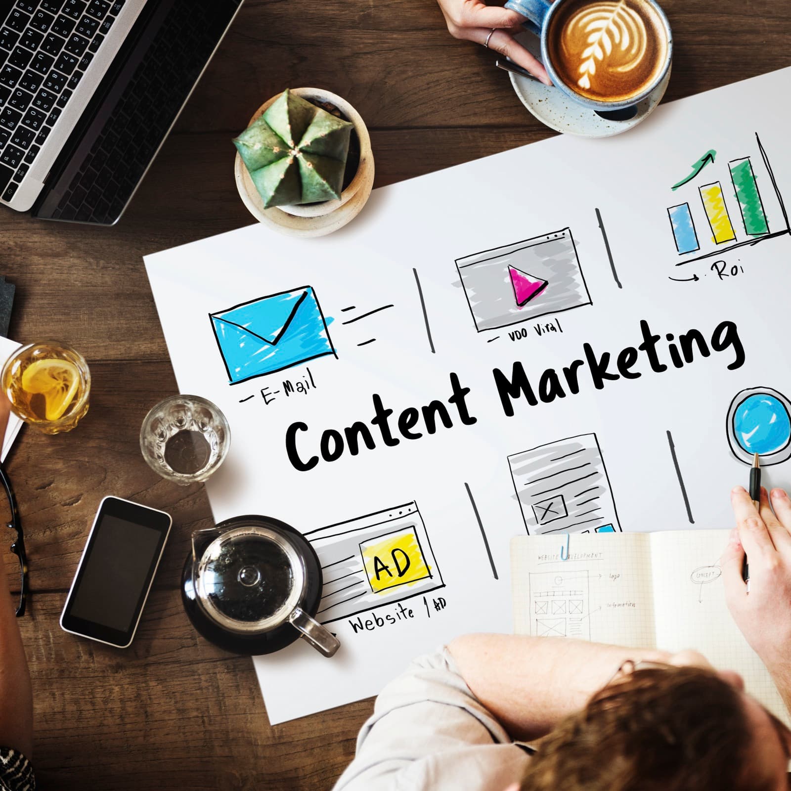 Notitieblok met content marketing strategie, e-mail, video en ROI iconen — naast een laptop en koffie