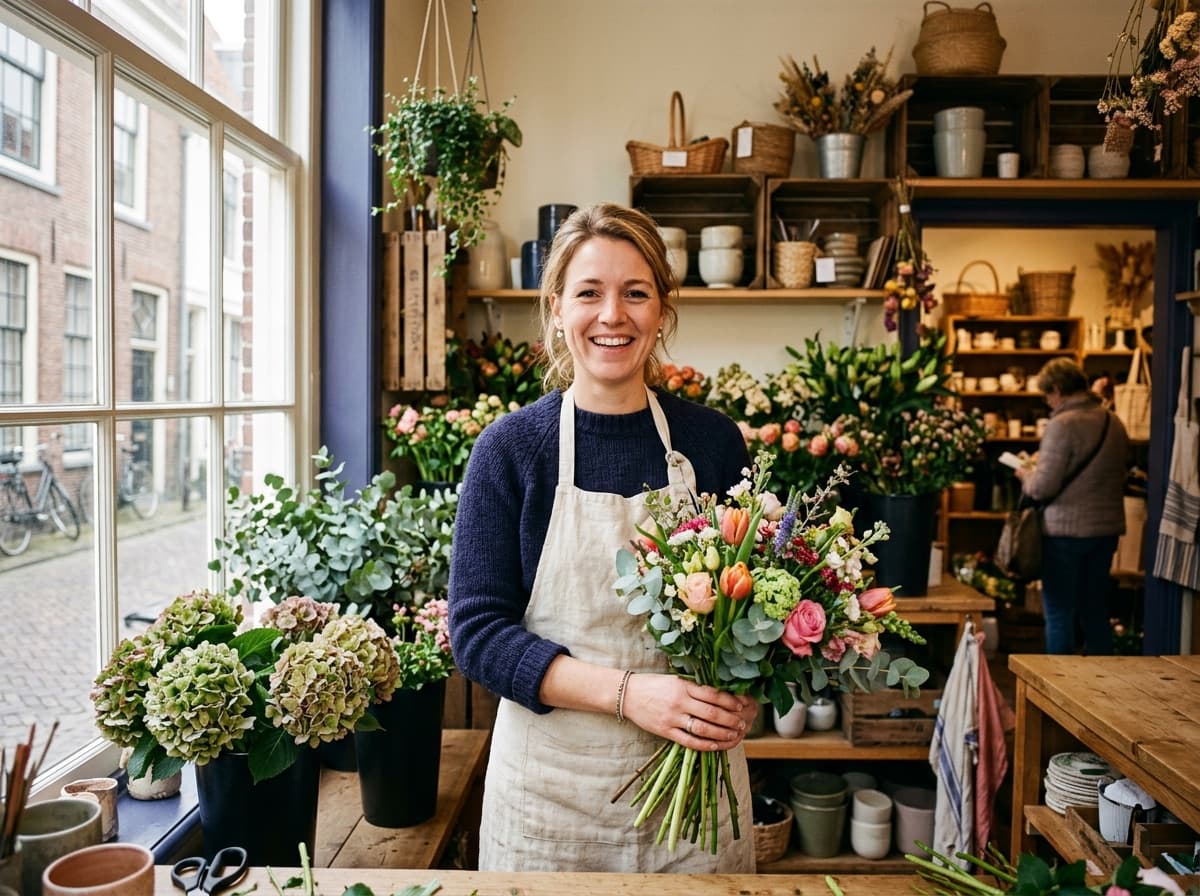 Lokale ondernemer in bloemenwinkel — typische klant van Social Doekoe